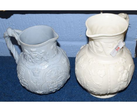 Worcester Kerr &amp; Binns ewer with a relief design of angels and cherubs, together with a further blue glazed ewer, possibl