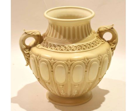 Late 19th century Royal Worcester vase, Shape 1544, with an ivory type design and fish handles, 23cm high, Royal Worcester pu