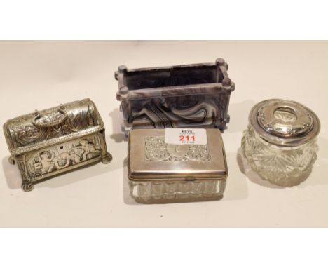 Glass hair tidy with hallmarked silver cover, small white metal or silver plated casket, pressed glass trough and a hallmarke