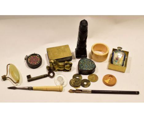 Box containing Oriental snuff bottle, heart shaped box, matchbox holder etc  