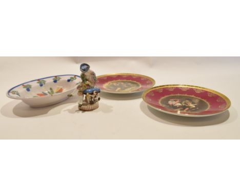 Two Continental plates with printed decoration, together with a Continental porcelain figure in Meissen style and further Fre