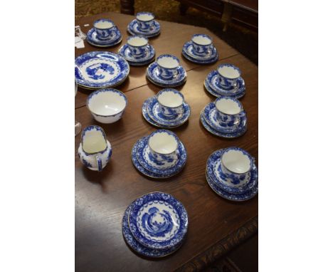 Early 20th century Royal Doulton part coffee set decorated in underglaze blue with the Granby pattern of a couple in a pastor