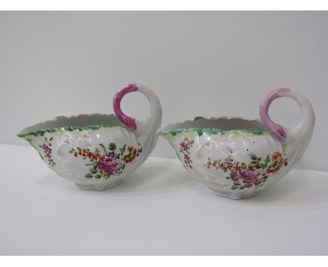 18th CENTURY WORCESTER, pair of leaf moulded sauce boats decorated with floral sprays and pink painted scroll handles, 13cm l