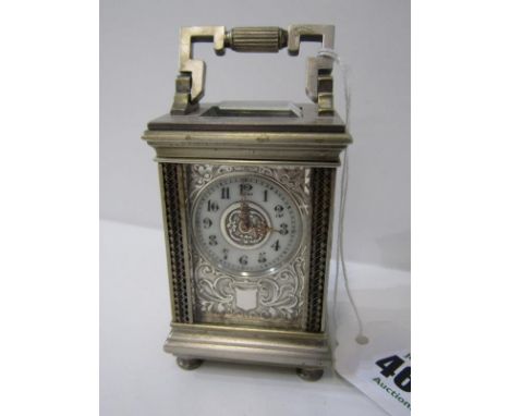 MINIATURE CARRIAGE CLOCK by Brequet in ornate silvered case, 8.5cm height 