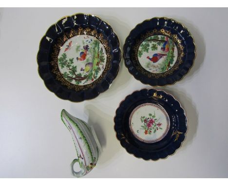 18th CENTURY WORCESTER, 2 exotic bird powder blue border dishes, 25cm and 19cm diameter with seal marks, together with floral