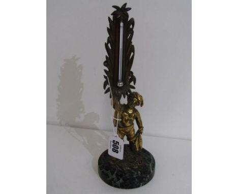 TABLE TOP THERMOMETER, marble based gilt fisher boy figure, 23cm height 