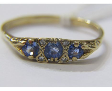VINTAGE 9ct YELLOW GOLD CEYLON SAPPHIRE &amp; DIAMOND BOAT STYLE RING, size R/S 