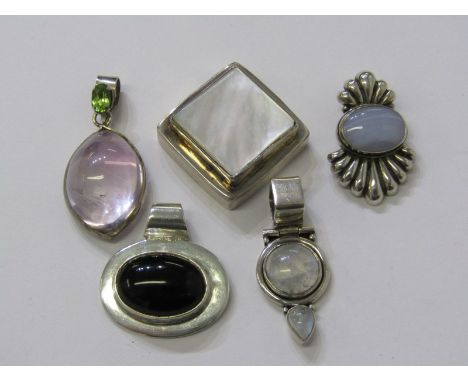 SILVER PENDANTS, selection of stone set silver pendants, including moon stone, mother of pearl, rose quartz, etc, 5 in total 