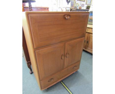 ERCOL, Blonde elm narrow cabinet with fall front bureau top above twin cupboard base and single long drawer, 82cm width 
