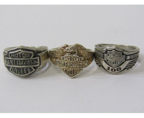 HARLEY DAVIDSON RINGS, 3 heavy silver Harley Davidson rings, various sizes 