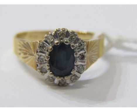 SAPPHIRE &amp; DIAMOND CLUSTER RING, 18ct yellow gold ring set a central oval sapphire, surrounded by cluster of diamonds, 4.