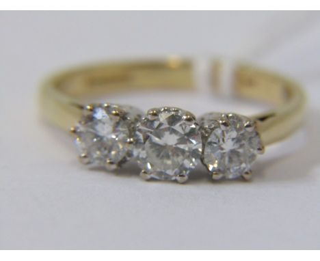18ct 3 STONE DIAMOND RING, 3 bright well matched brilliant cut diamonds totalling 1 carat, stamped inside shank, very nice co