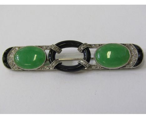 ART DECO 18ct WHITE GOLD JADE AND DIAMOND BROOCH, lovely design lot 201 - some very light surface marks to jade stones, visib
