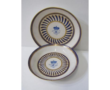 EARLY DERBY, pair of blue and gilt decorated saucers, blue crown D factory mark 