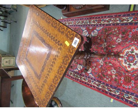 TUNBRIDGE WARE, tripod base square top wine table, foliate and floral triple border top on writhen column support and carved 