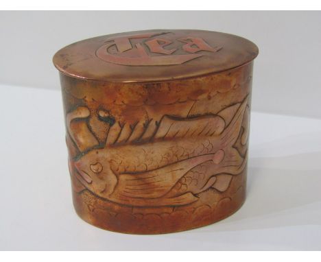 NEWLYN COPPER, oval fish decorated tea caddy, stamped "Newlyn", 8.5cm height 