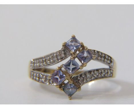 9ct YELLOW GOLD TANZANITE &amp; DIAMOND CLUSTER RING, unusual geometric Z pattern of princess cut tanzanites with accent diam