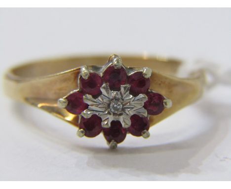 9ct YELLOW GOLD RUBY AND DIAMOND CLUSTER RING, size S 