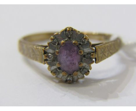 AMETHYST CLUSTER RING, 9ct yellow gold ring, set an oval amethyst in a cluster, size N 