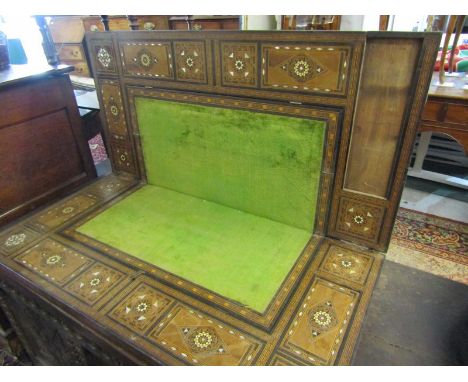 MOORISH FOLDING CARD TABLE, geometric mother of pearl and bone inlaid decoration (requires restoration) 88cm sqaure 