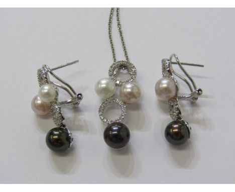 9ct WHITE GOLD PEARL AND DIAMOND EARRING AND PENDANT SET, white, pink and black cultured pearls set with accent diamonds as m
