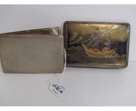 SILVER CIGARETTE CASES, a HM silver cigarette case with onlaid decoration of a 3 masted ship, also an engine turned decorated