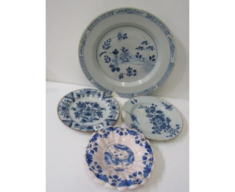 ANTIQUE DELFTWARE, 2 early Delft blue floral decorated 24cm plates; also fluted rim Delft circular serving dish, 21cm diamete