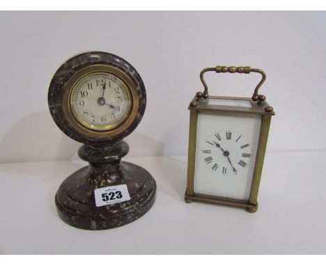 SERPENTINE, circular base serpentine bedroom clock, 15cm height; also brass cased carriage clock 11cm height 