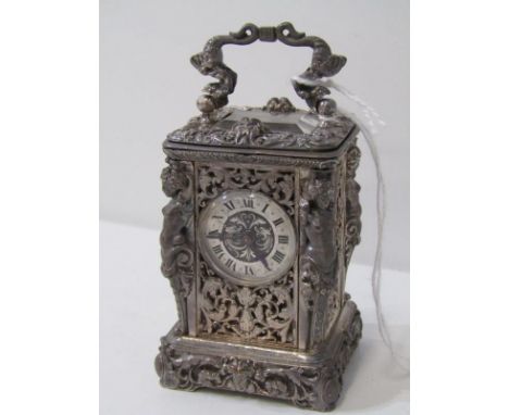 MINIATURE CARRIAGE CLOCK by Charles Oudin, ornate silvered casing with caryatid column supports and makers engraved plate, 7c