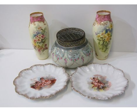 DOULTON BURSLEM, a pair of floral painted oviform 21cm vases signed C. Hart and also Noritake-style rose and gilt decorated r