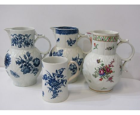 18th CENTURY WORCESTER, 3 cabbage leaf jugs, 2 with butterfly transfer, the other floral enamel decoration; together with cyl