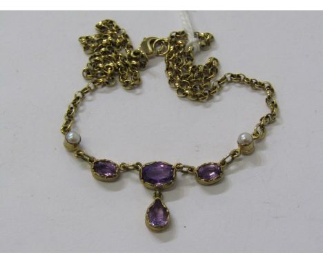 9ct YELLOW GOLD AMETHYST &amp; SEED PEARL BELCHER LINK NECKLACE, approx 6.5 grams 