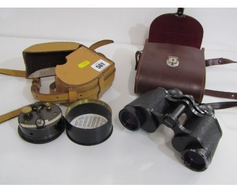 ZEISS, leather cased pair of prismatic binoculars, 8 x 30; also leather cased clinometer by Barker &amp; Son 