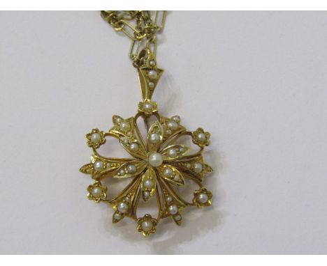 15ct YELLOW GOLD VINTAGE PEARL SET CONVERTER PENDANT/BROOCH, on 9ct yellow gold belcher figaro style chain, approx 16" length