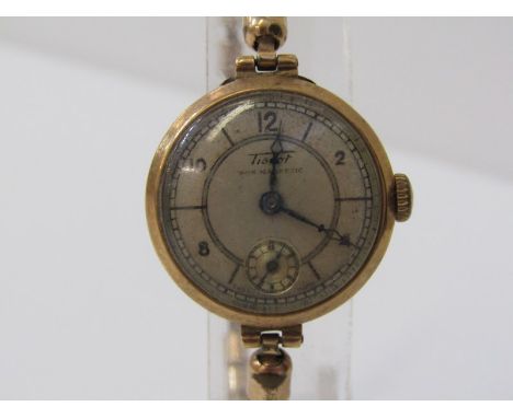 VINTAGE 9ct YELLOW GOLD CASED WRIST WATCH by Tissot, untested condition on expanding gold plated bracelet 