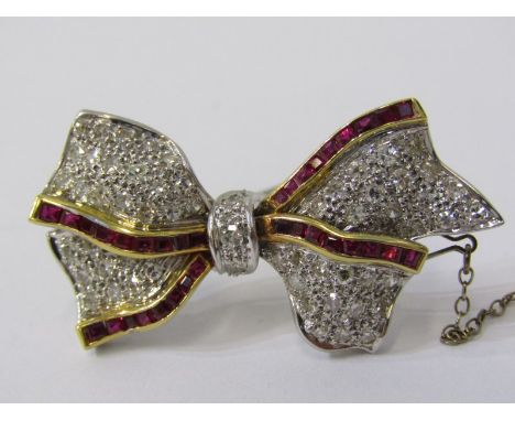 18ct YELLOW AND WHITE GOLD RUBY AND DIAMOND BROOCH, in the form of a ribbon bow, approx. 1.8 grams 