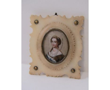 REVERSE PAINTED ON GLASS PORTRAIT, of a bejewelled lady in stone frame 