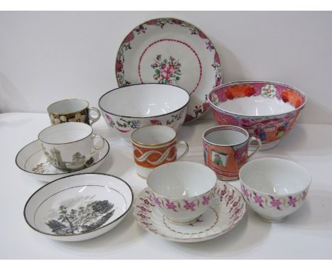 NEW HALL, collection of decorative tea ware to include some famille rose, pair of pink and gilt floret tea bowls with matchin