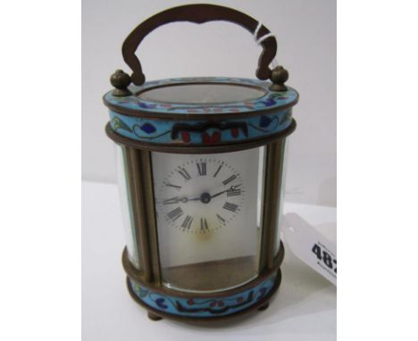 CHAMPLEVE OVAL MINIATURE CARRIAGE CLOCK, 9cm height 