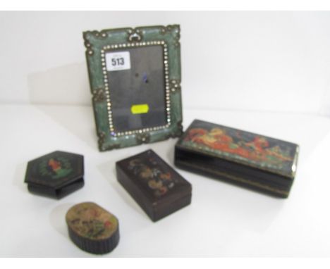 RUSSIAN PAPIER MACHE rectangular gift box 'St Nicolas', similar hexagonal ring box, 2 other boxes and ornate framed easel mir
