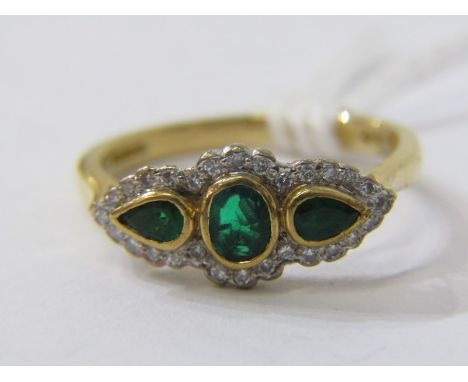 18ct YELLOW GOLD 3 STONE EMERALD &amp; DIAMOND RING, principal oval cut emerald with pear cut emerald to each shoulder, surro