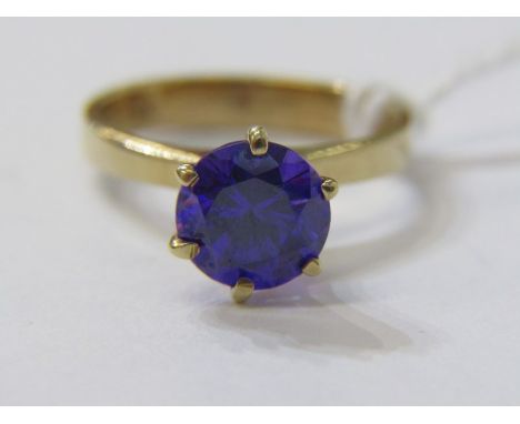 14ct GOLD AMETHYST SOLITAIRE, in high Tiffany style setting, size K 