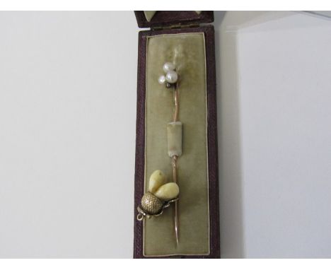 ANTIQUE PEARL STICK PIN and baby tooth pendant, both set in gold 