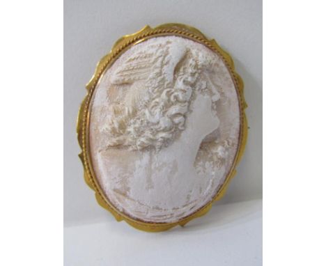 9CT GOLD MOUNTED CAMEO BAR BROOCH, decorated with portrait of a lady in an oval 9ct gold mount, 4.5cm drop 