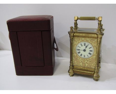 ARTS &amp; CRAFT DESIGN BRASS FLUTED COLUMN SUPPORT CARRIAGE CLOCK, with engraved and fretwork face surround panel, 14cm heig