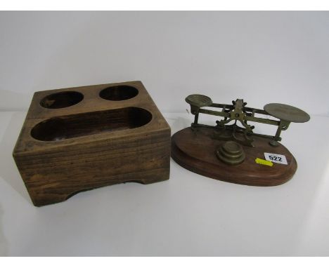 VINTAGE POSTAL SCALE BY S. MORDAN, with 3 graduated weights; together with treen cash till 