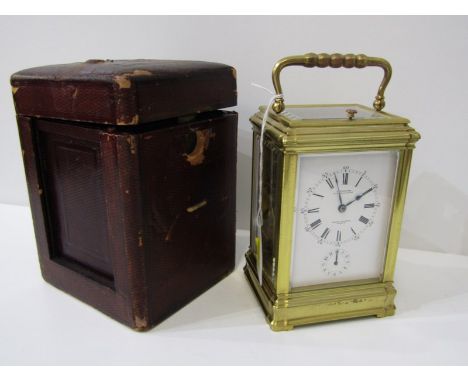 GRANDE SONNERIE REPEATER CARRIAGE CLOCK BY E THOMAS, of Paris, twin coiled bar, enamelled face with secondary dial and titled