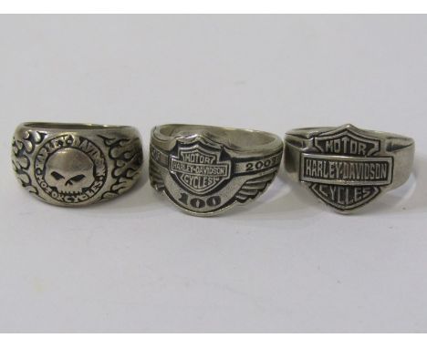 3 SILVER HARLEY DAVIDSON MOTORCYCLE STYLE RINGS, various sizes 