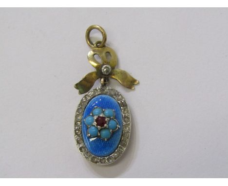 YELLOW METAL (tests 9ct gold) VINTAGE STYLE ENAMEL TURQUOISE &amp; RUBY DIAMOND PENDANT 