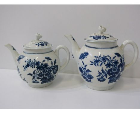 18th CENTURY WORCESTER, 2 underglaze blue globular tea pots "Butterfly and Floral" pattern, both with base cracks 
